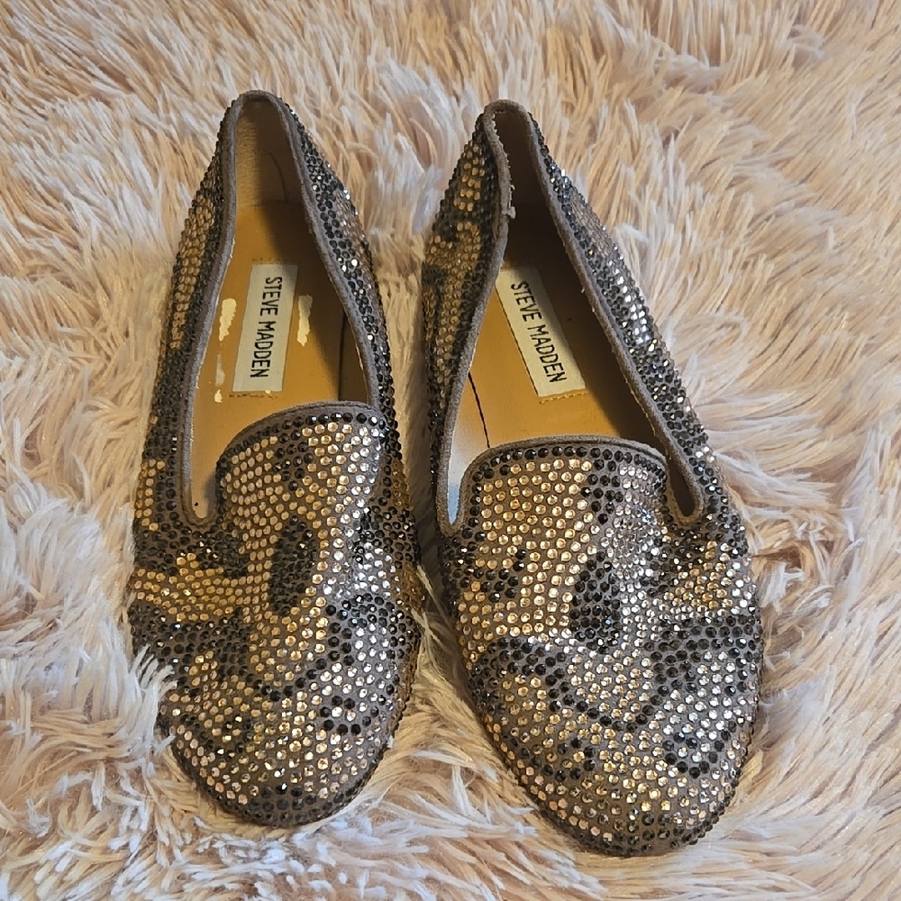 Steve Madden Silver Rhinestone Loafers Brown Beige Shoes Size 6.5
